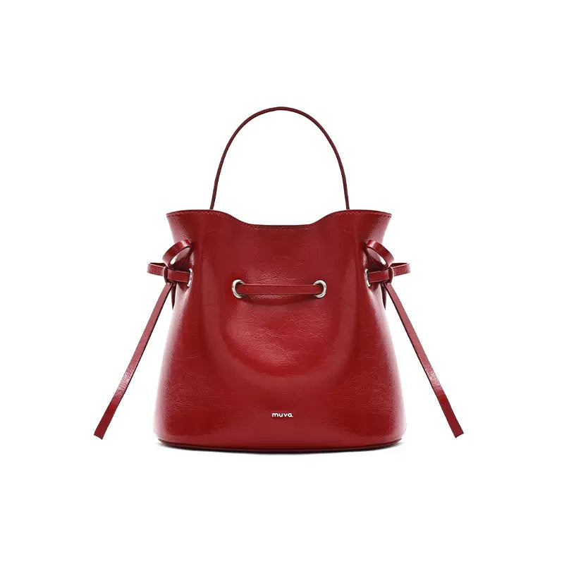 Soft leather bucket drawstring bag