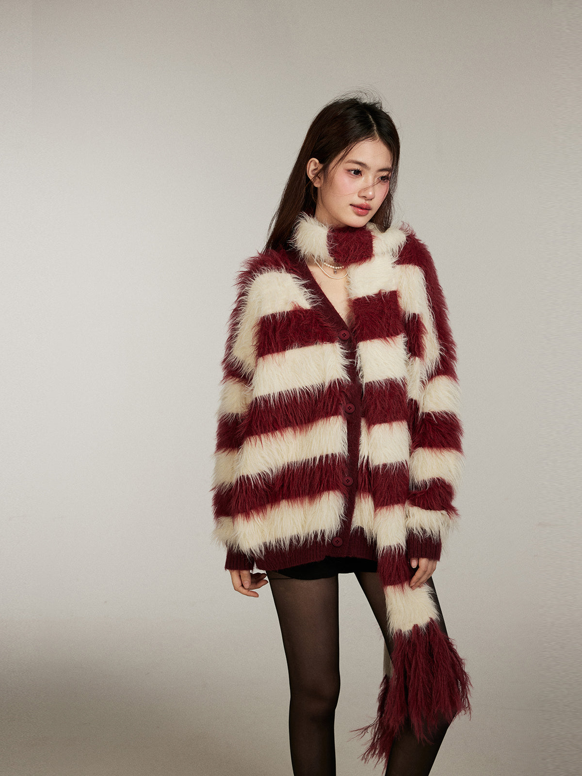 Long Fuzzy Knit Red Striped Scarf Sweater