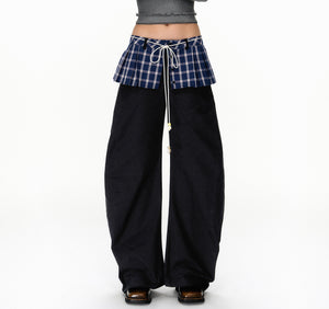 Seersucker Blue Plaid Spliced Hem Two-Piece Pants