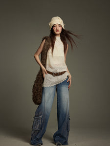 American workwear style wide-leg low-rise jeans