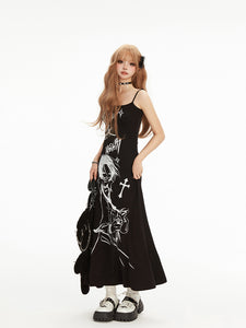 Hand drawn cartoon slim fit A-line long dress