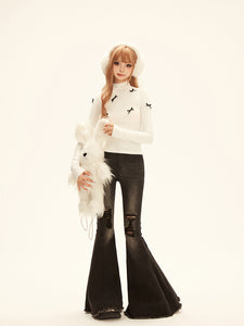 Contrast Color Bow-Tie Half-Turtleneck Long-Sleeve Knit Top