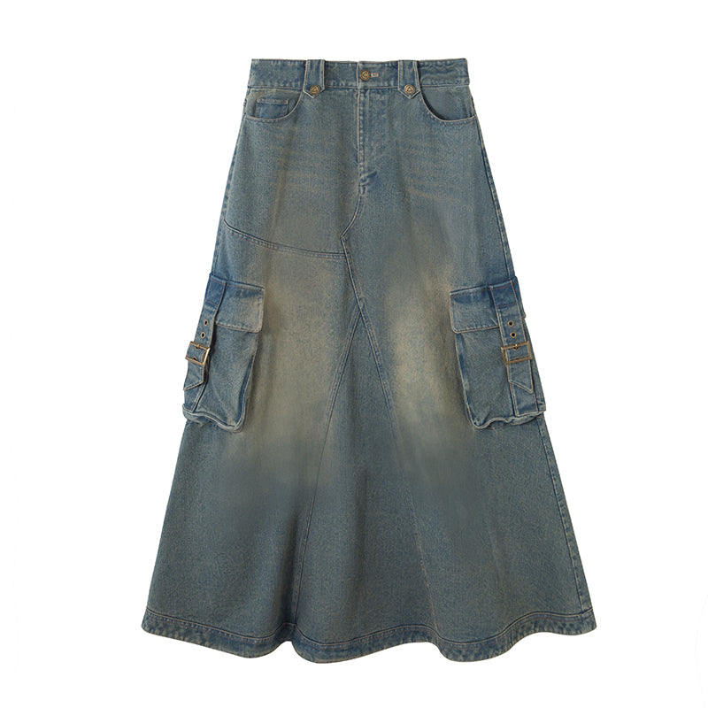 Washed Distressed Cotton Denim Skirt