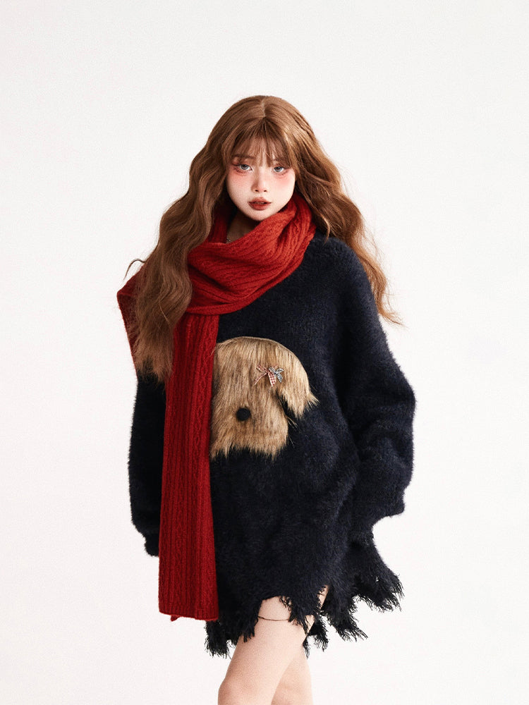 Black Puppy Frayed Pullover Loose Knit Sweater