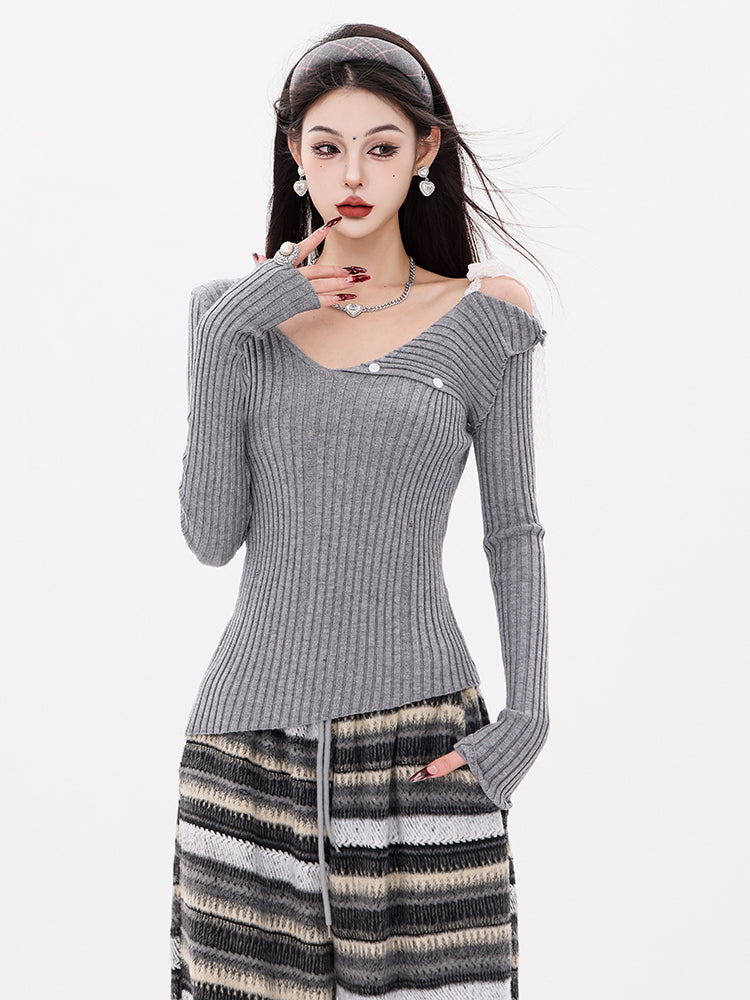 Original Asymmetric Off-Shoulder Lapel Long-Sleeve Knitted Sweater