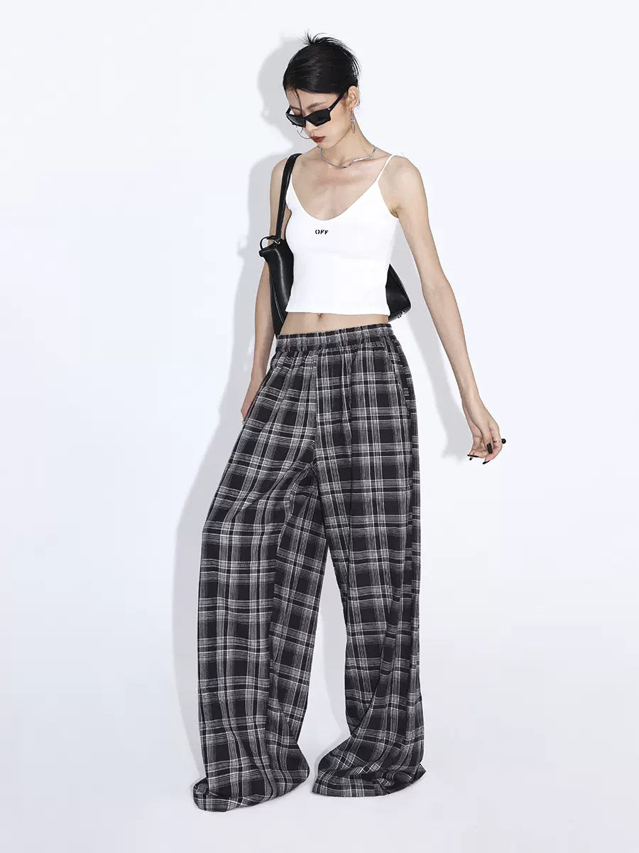 Vintage Check Drawstring Waist Thin Casual Pants