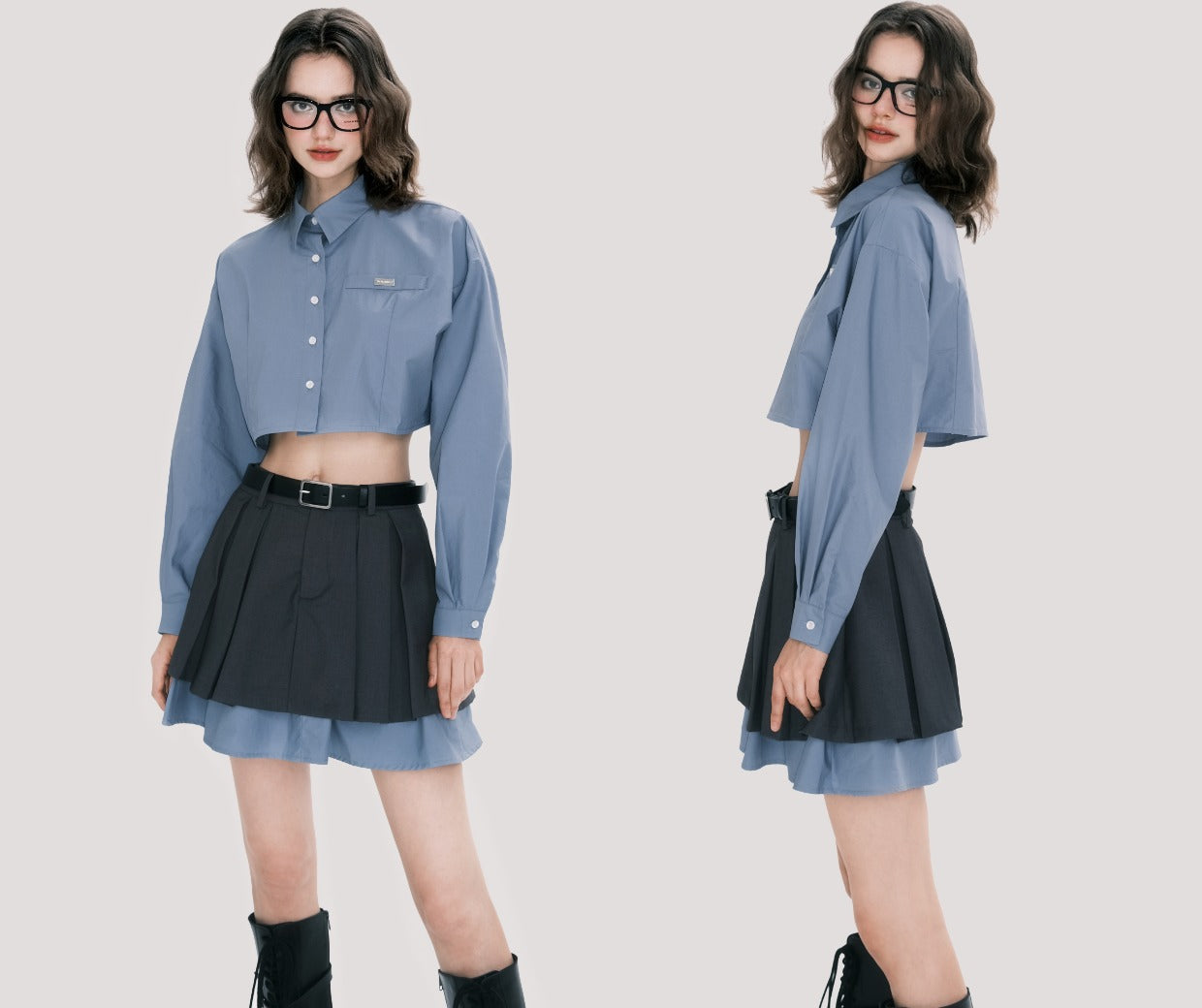 Preppy style low waist skirt shirt