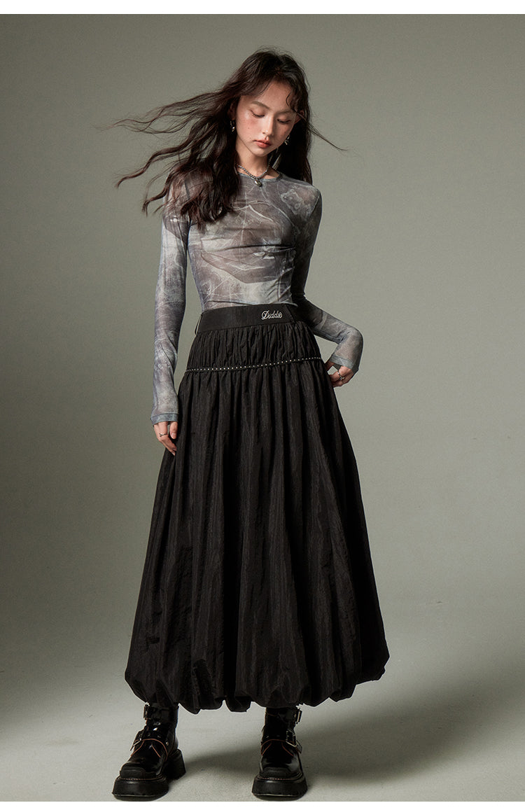 Puffy bud-shaped skirt solid color rivet black a-line skirt long skirt