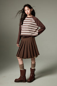 Dark Brown Retro Striped Round Neck Raglan Sleeve Striped Sweatshirt