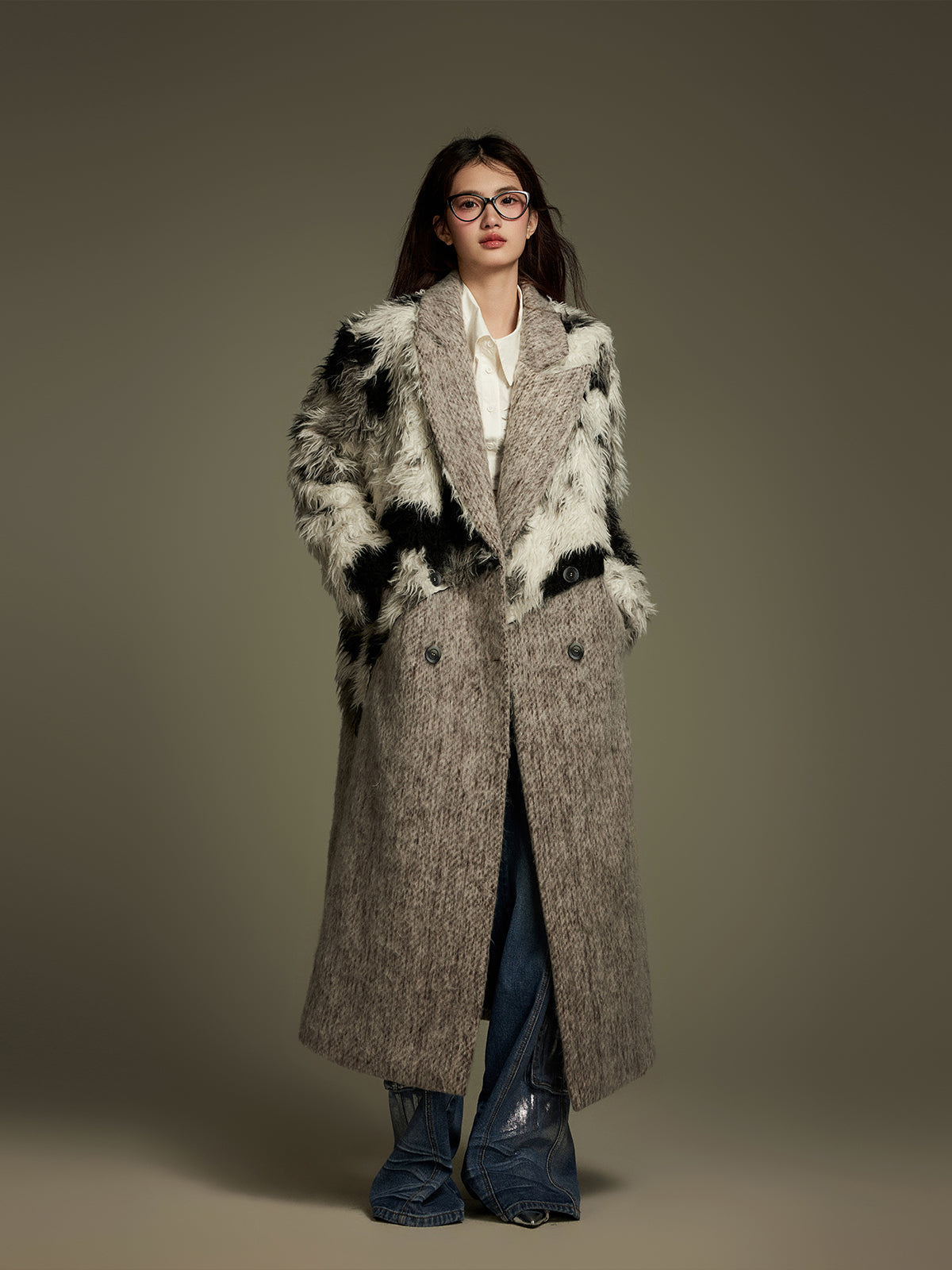 Premium Heavy Gray Patchwork Wool Coat