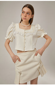 Retro lace square collar top with waist-pinched women's high-end short cardigan