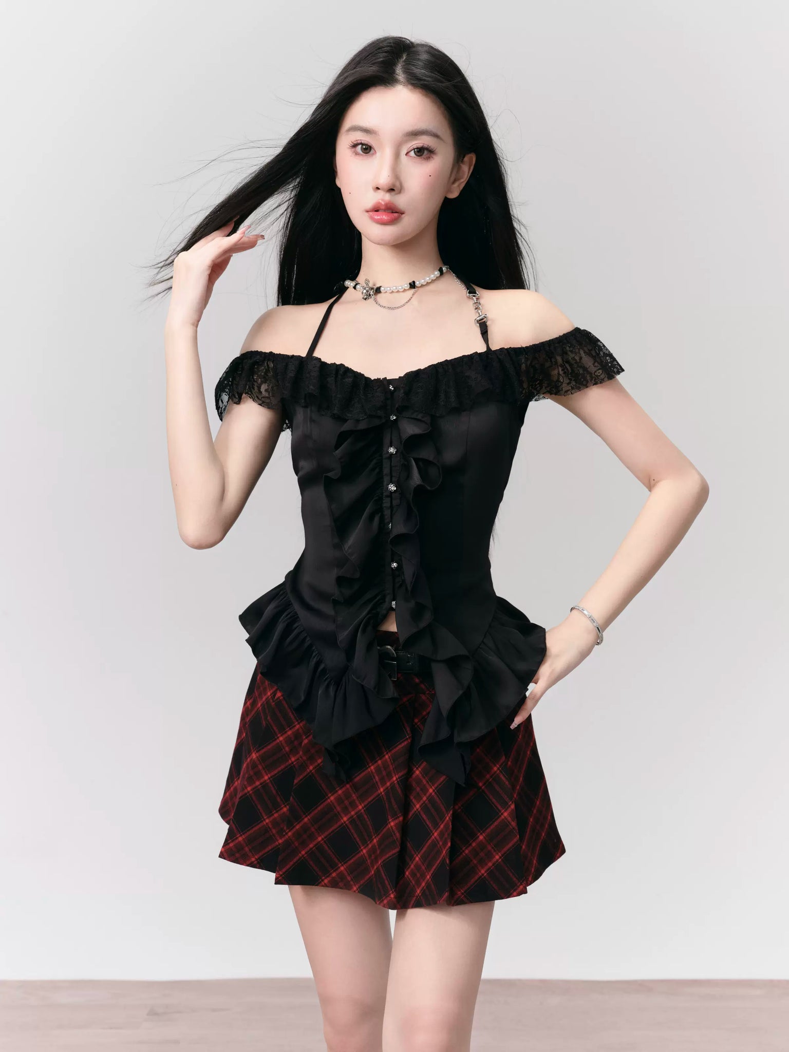 Rock red black plaid pleated skirt versatile a-line short skirt