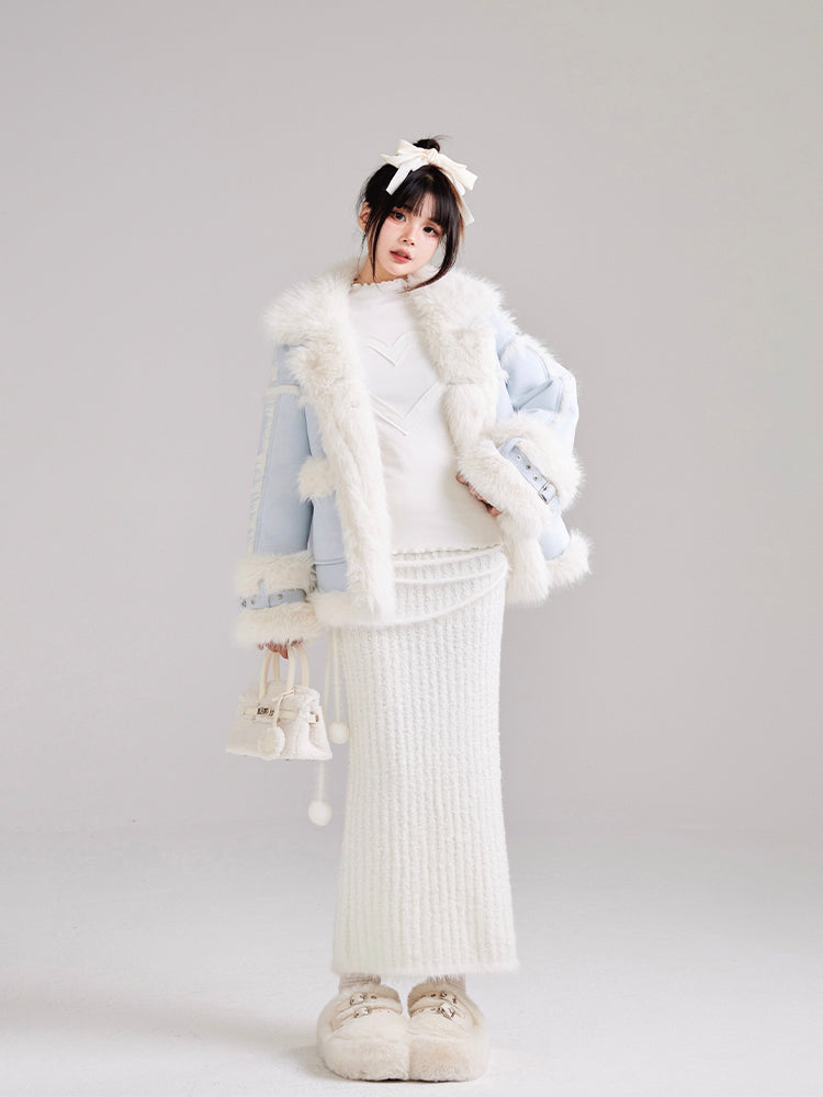 Plush Splicing Blue Fur Short Coat