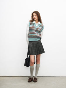 High-End Gray Tone Academic Plaid Patchwork Skirt