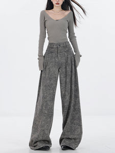 Fleece-Lined High-Waisted Gray Wide-Leg Jeans