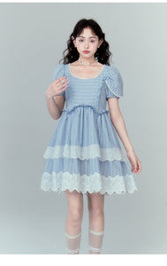 Fake two-piece petal sleeves white pure dress layered lace princess dress