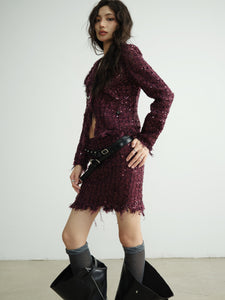 Romantic Rock Girl Angora Red Distressed Fringe Tweed Short Skirt & Jacket