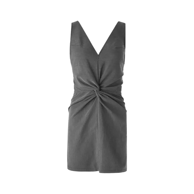 Grey V-neck slim waist sleeveless dress