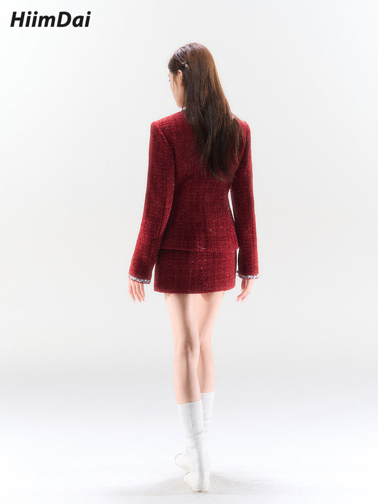 Silver Thread Woven Burgundy Tweed Cinched Waist Jacket & Low-Waisted Skirt Set