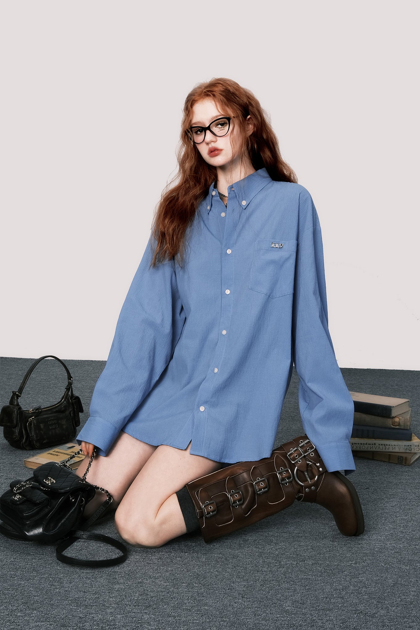 Bubble cotton blue long-sleeved shirt loose retro top