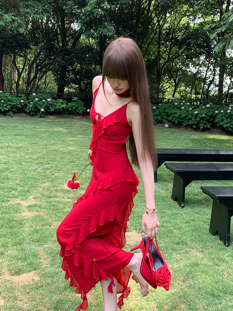 Rose-Inspired Fiery Red Slimming Asymmetrical Ruffle Dress