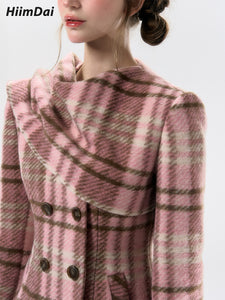 Pink plaid hourglass coat with wool scarf collar