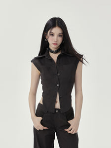 Twill Textured Slim-Fit Sleeveless Blouse Top