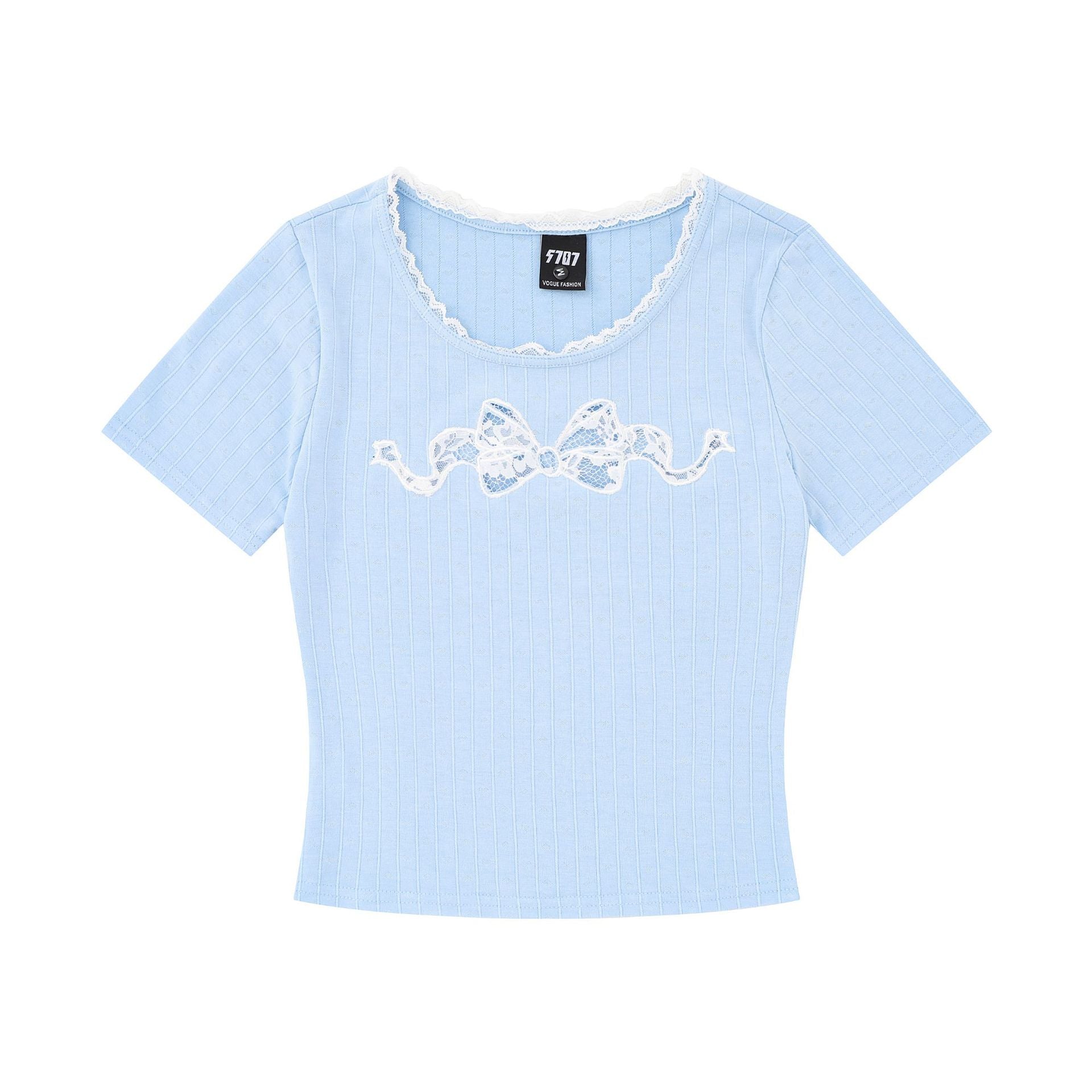 Sweet short-sleeved hollow lace bow T-shirt