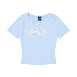 Sweet short-sleeved hollow lace bow T-shirt