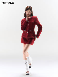 Silver Thread Woven Burgundy Tweed Cinched Waist Jacket & Low-Waisted Skirt Set