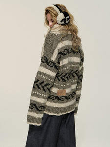 Gray Khaki Vintage Nordic Knit Jacquard Loose Casual Sweater