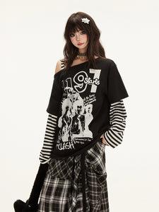 Two-in-one Stripe Splicing Long Sleeve T-shirt