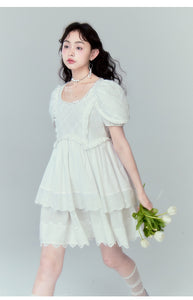 Fake two-piece petal sleeves white pure dress layered lace princess dress