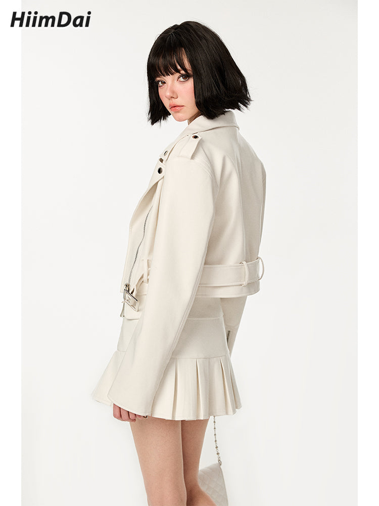Vintage Oversized Biker-Style Leather Jacket & Skirt Set