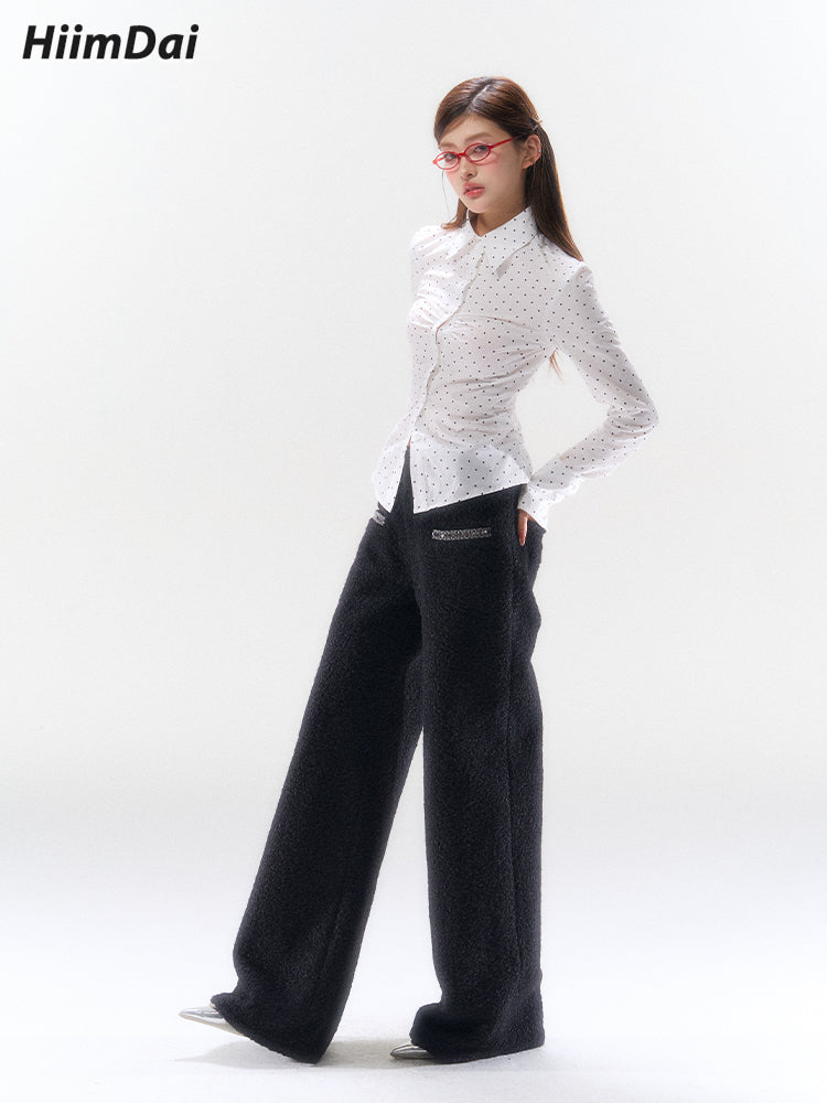 Fleece Cinched Waist Wool Jacket & High-Waisted Trousers Set