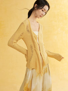 Ripped loop yarn irregular slant collar knitted cardigan