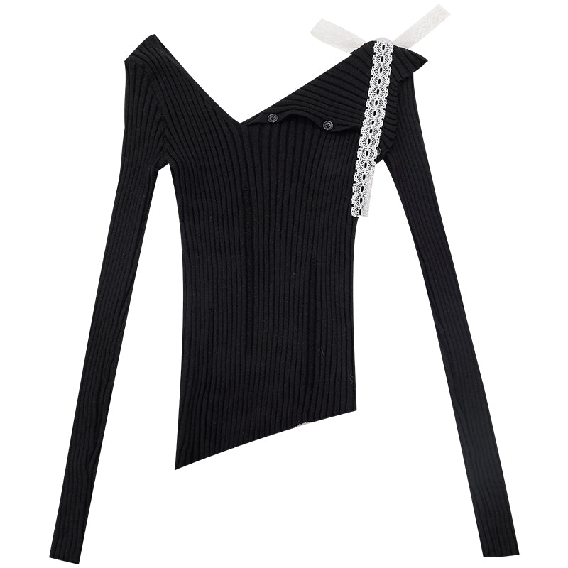 Original Asymmetric Off-Shoulder Lapel Long-Sleeve Knitted Sweater