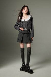 Preppy style round lapel pocket lace short coat