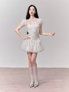 Vanilla Marshmallow Sweet Puff Sleeve Tie Shirt Bud Skirt Set