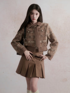 Retro Checkered Brown Woolen Short Coat