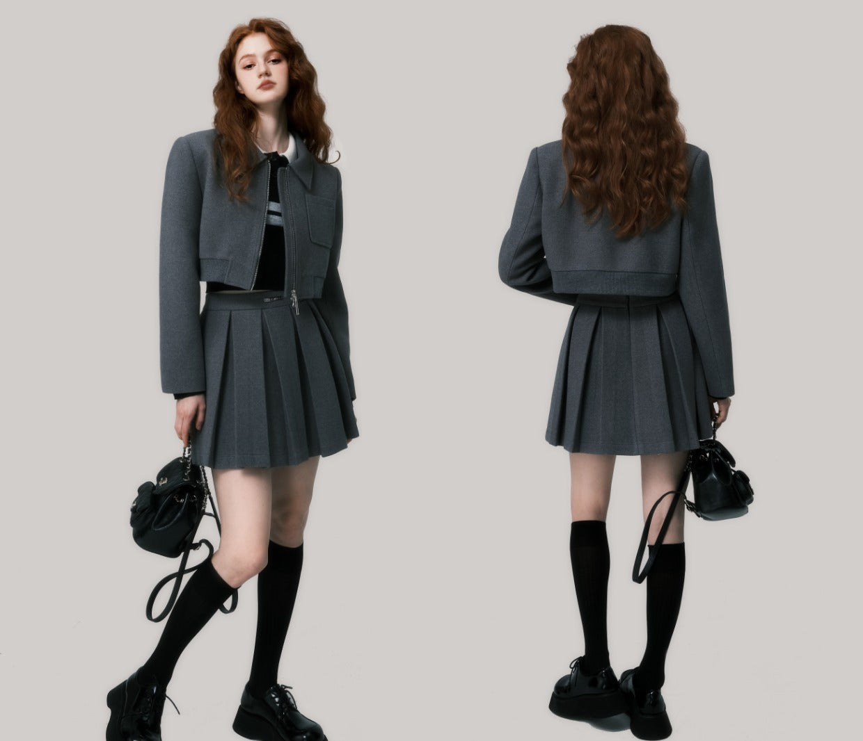 Gray simple woolen thick pleated skirt suit jacket