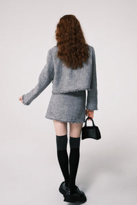 Silver-grey tweed Chanel style high waist mini skirt