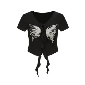 Butterfly Print Ribbon Y2K T-shirt