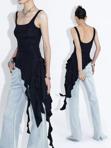 U-neck ruffled ribbon vest