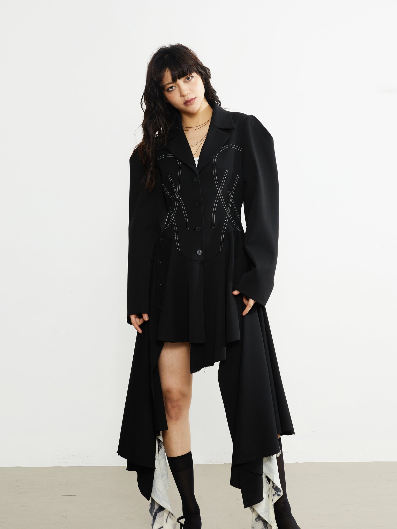 Retro Topstitching Irregular Hem Silhouette Suit