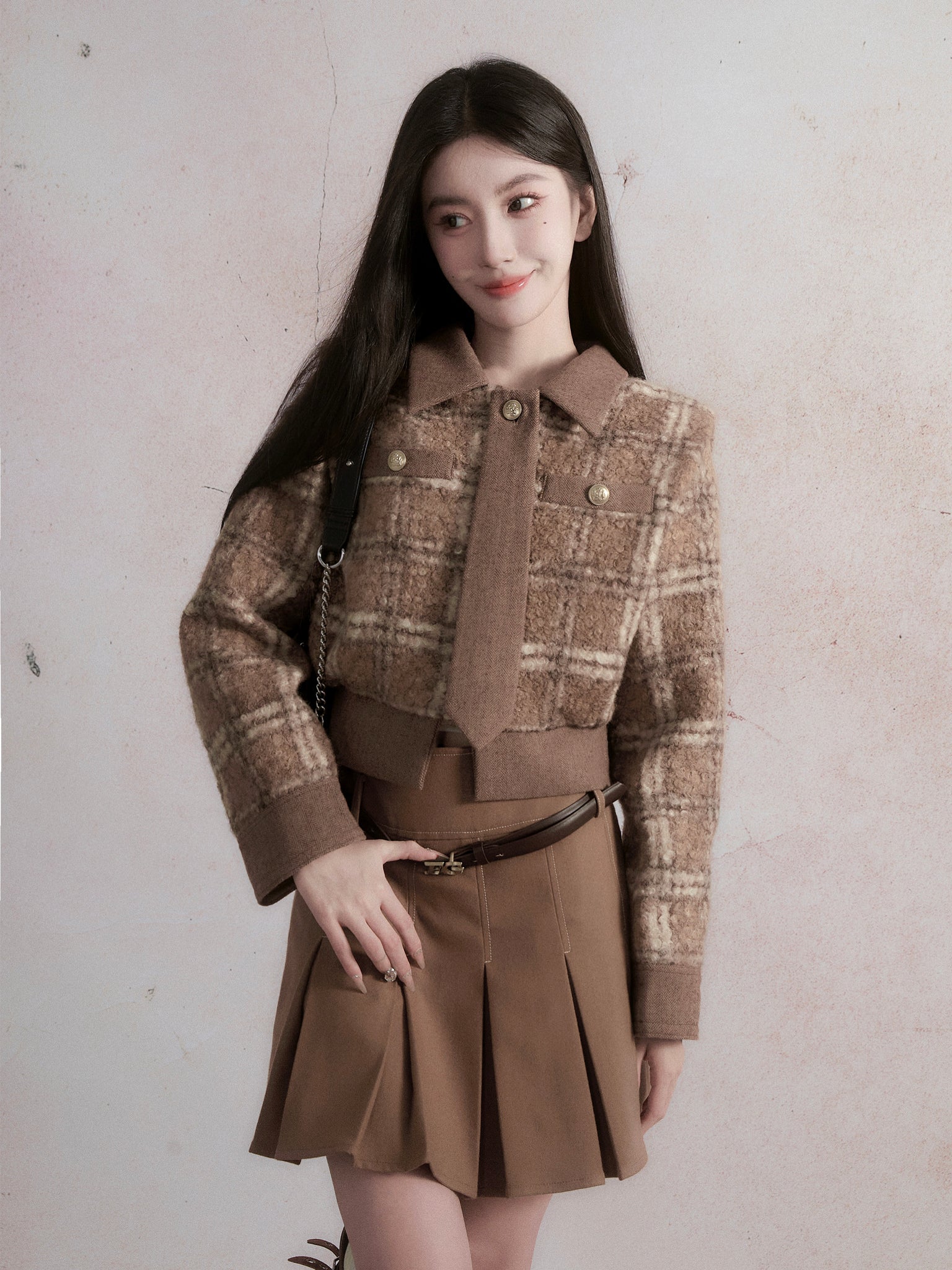 Retro Checkered Brown Woolen Short Coat