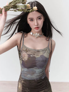 Vintage Manor Print Oil Painting Holiday Suspender Dress