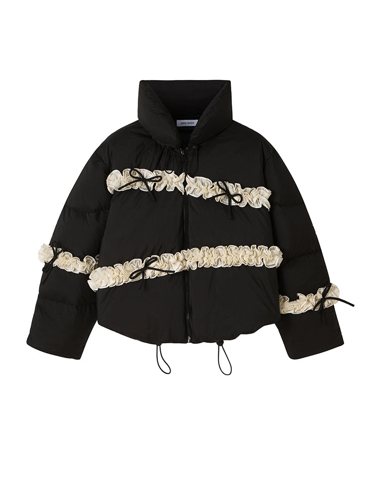 Black Down Jacket with Pleated Bow