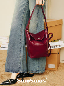 Niche Red Cowhide Bucket Bag