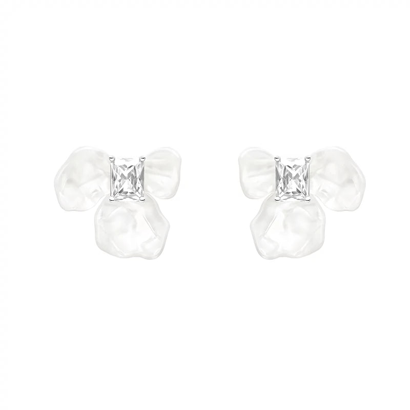 Solid Silver Detachable DIY White Iris Sugar Cube Earrings